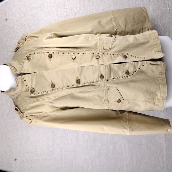 Zana Di Tan Embellished Long Sleeve Collarless Hook Front Below Waist Light Coat - Picture 16 of 16